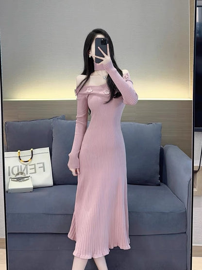 Pink knitted dress autumn women's 2023 new style elegant lady mid-length one-line collar off-the-shoulder bottoming skirt (S5555)