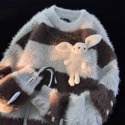 Milk-type soft and waxy striped rabbit seahorse hair sweater for women in autumn and winter, gentle and lazy style, chic year of the rabbit animal year coat was (N0451)