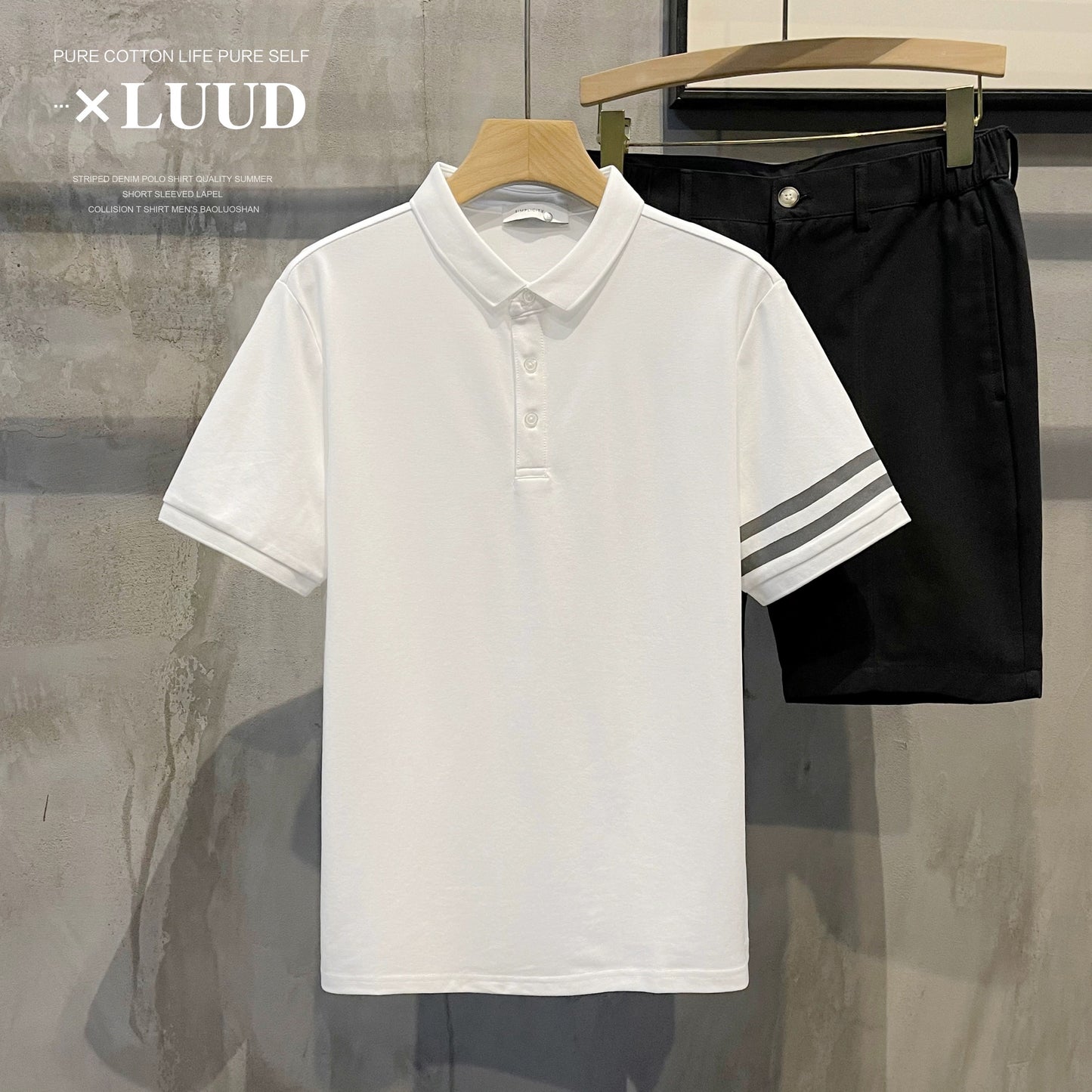LUUD simple two-bar men's lapel polo shirt summer retro short-sleeved slim Paul casual top trend