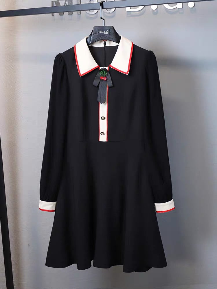 Miss DG high-end temperament small fragrant dress 2023 autumn and winter lapel bow waist slimming skirt (D0676)