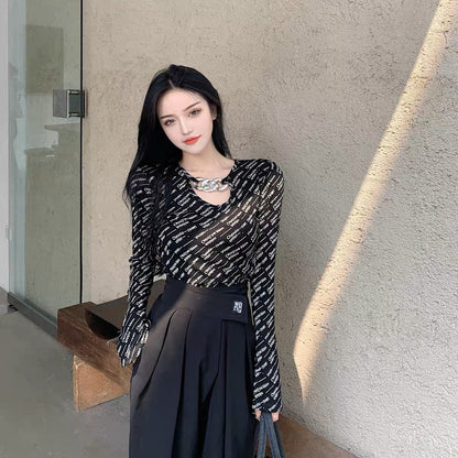 High waist short top women's bottoming shirt spring and autumn fashion chain personality sexy design sense niche letter long-sleeved T-shirt
