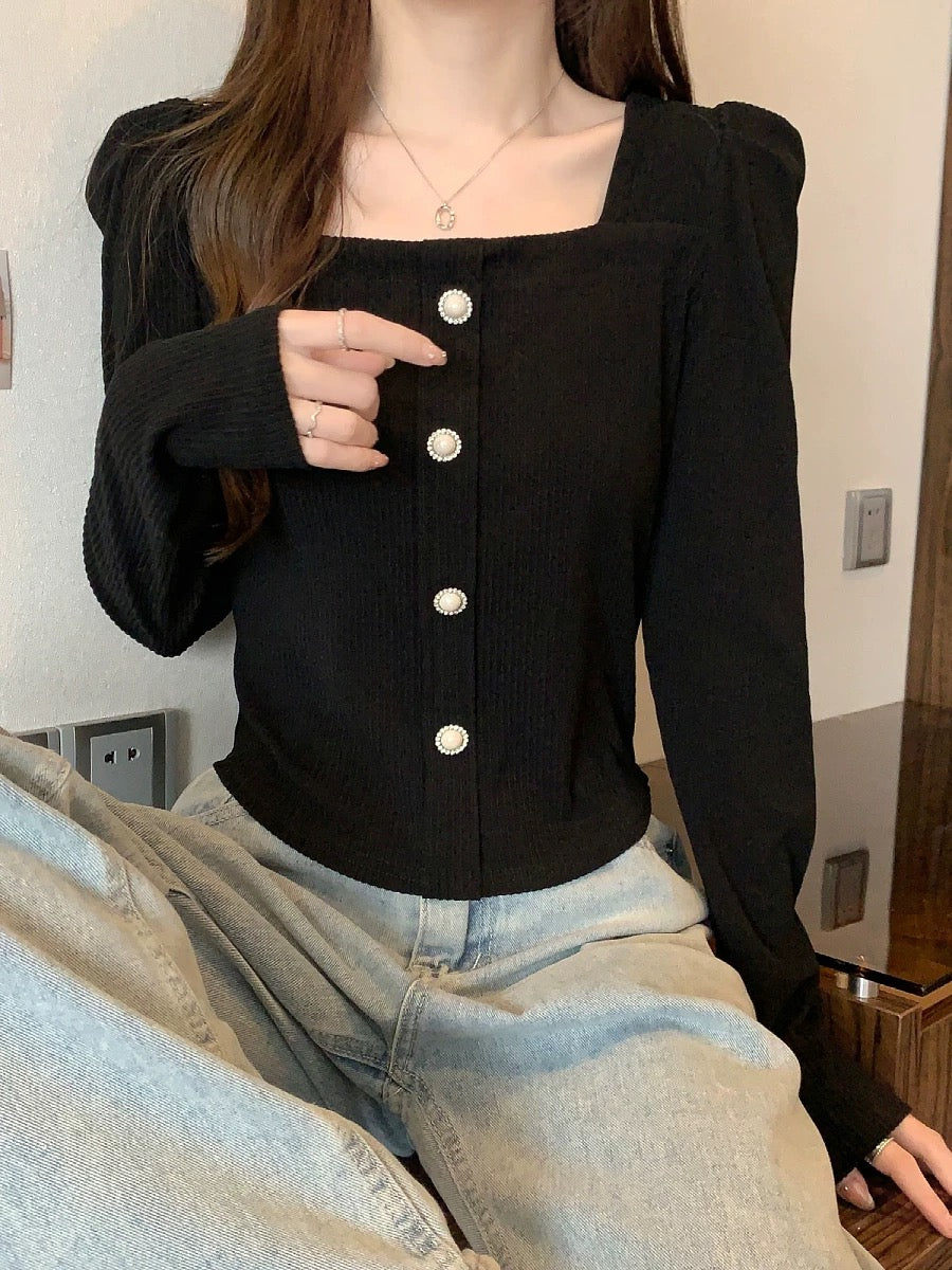 Square collar knitted bottoming shirt for women in autumn, large size fat mm slimming loose loose French style irregular top