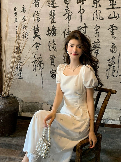 Deng Liuliu French elegant temperament white dress women's summer high-end designer style slim and slim long skirt