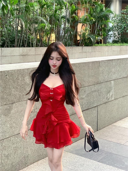 Xiaoli red and white rose V-neck suspender dress 2023