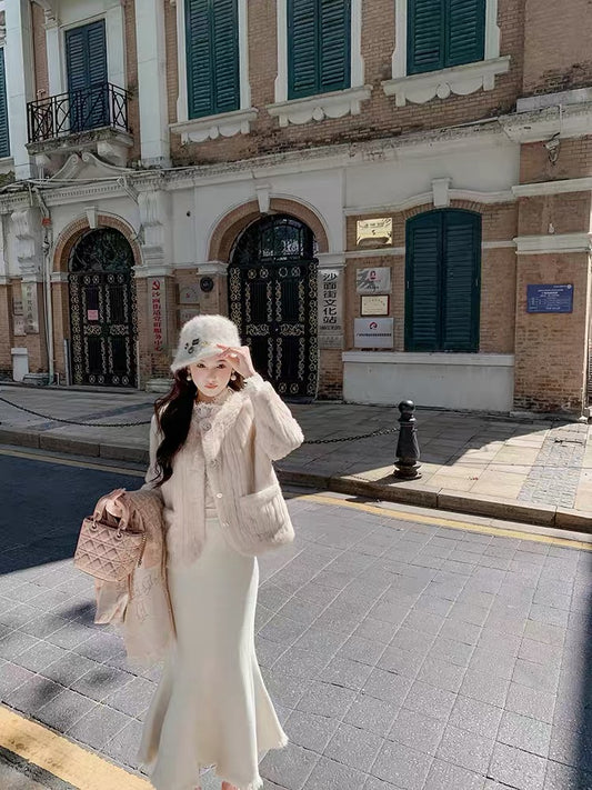 Fish Rabbit's rabbit fur all-in-one jacket for women 2023 autumn and winter new temperament furry high-end loose top