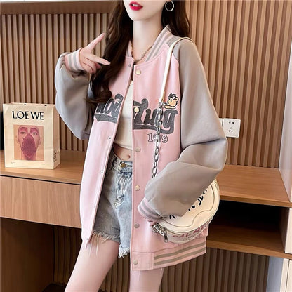 Loose and Western style age-reducing cartoon baseball uniform jacket for women 2023 new autumn casual versatile Korean cardigan (S0518)