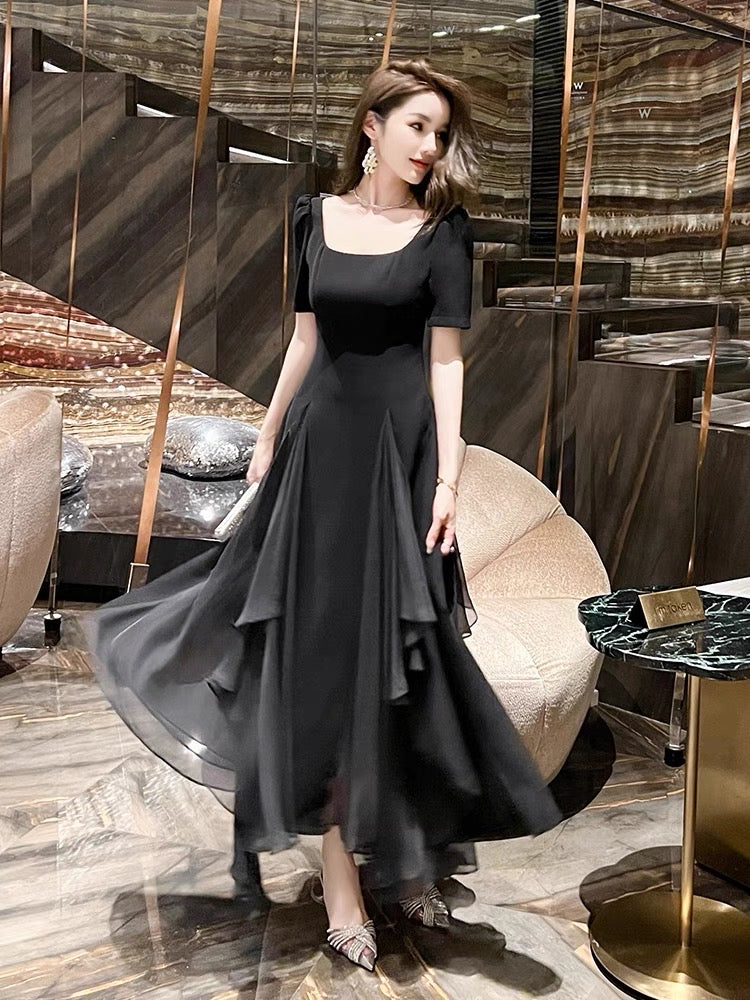 Irregular high waist black dress