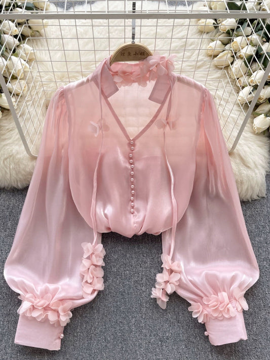 French palace style high-end mesh shirt for women in autumn with ribbon long-sleeved satin design niche and beautiful top trend
