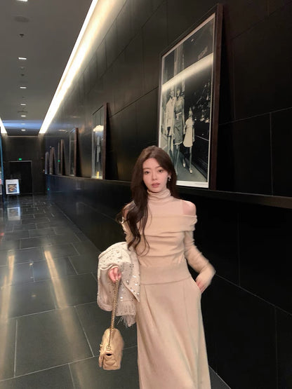 ByYou new autumn and winter gentle style oatmeal-colored wool knitted skirt mid-length figure-shaping high-waisted skirt