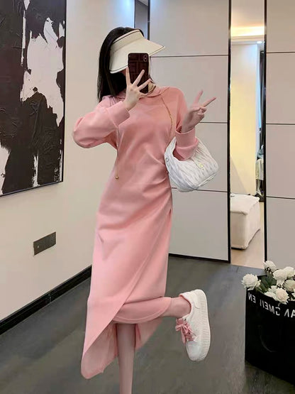 Hooded pink sweatshirt skirt women's autumn new waist slimming mid-length casual temperament bottoming dress (V6618)
