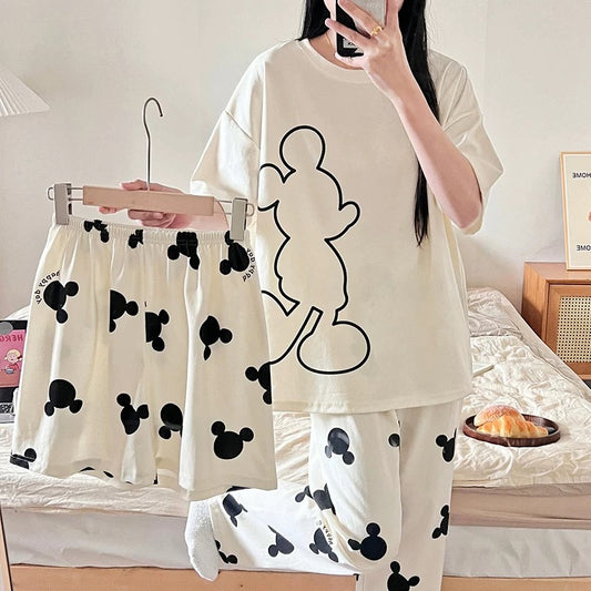 Pajamas women's short-sleeved trousers summer cotton thin junior high school students 13 girls big children cartoon cute three-piece set