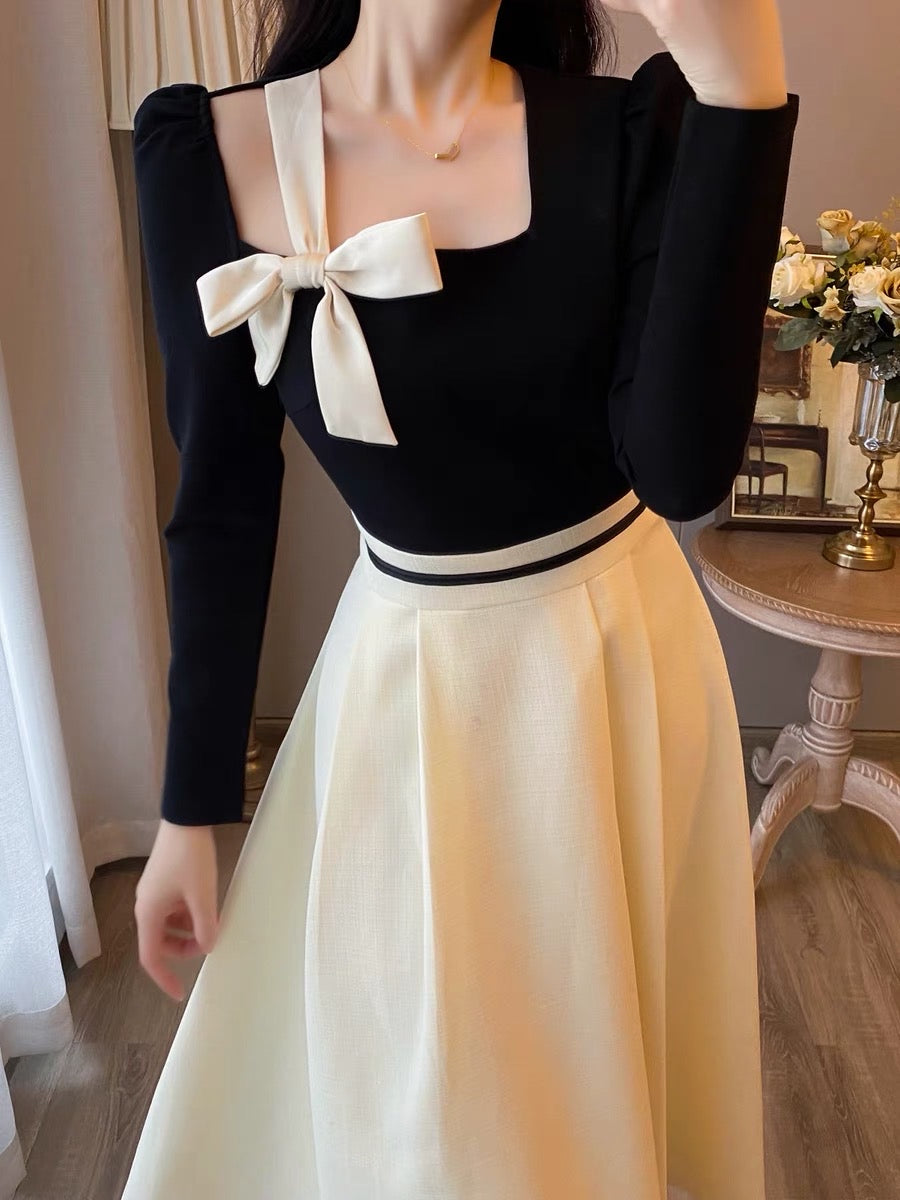 French retro small fragrance square collar dress women's 2023 autumn new Hepburn style high-level high-waisted dress