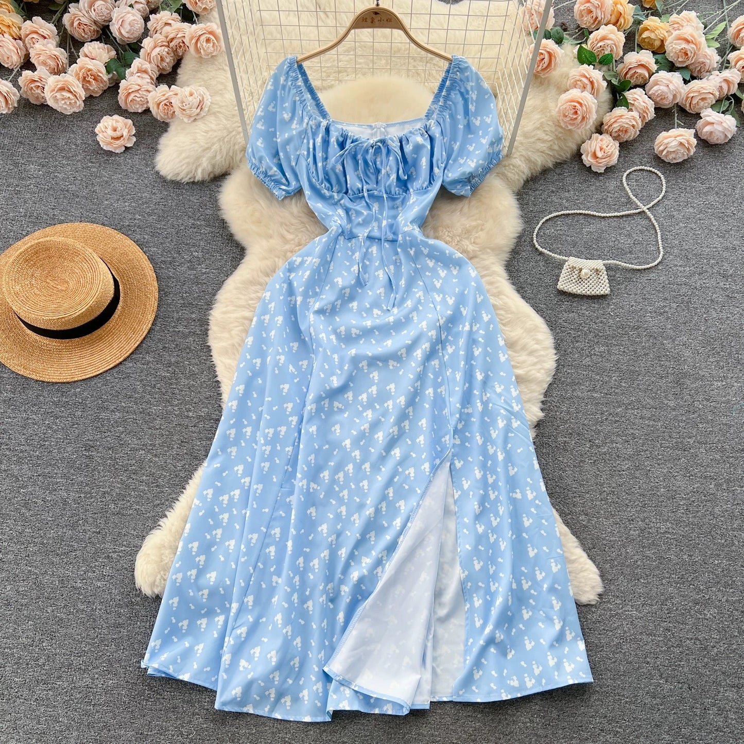 French pure desire high-grade floral puff sleeve dress for women summer slim temperament super fairy forest style slit long skirt