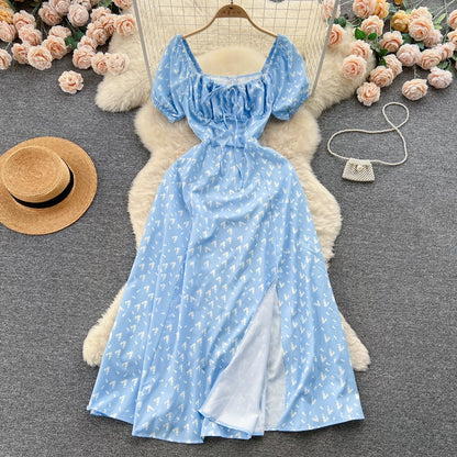 French pure desire high-grade floral puff sleeve dress for women summer slim temperament super fairy forest style slit long skirt