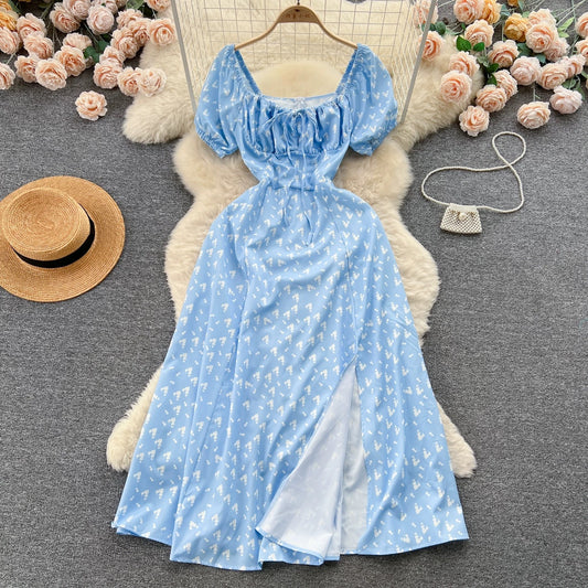 French pure desire high-grade floral puff sleeve dress for women summer slim temperament super fairy forest style slit long skirt