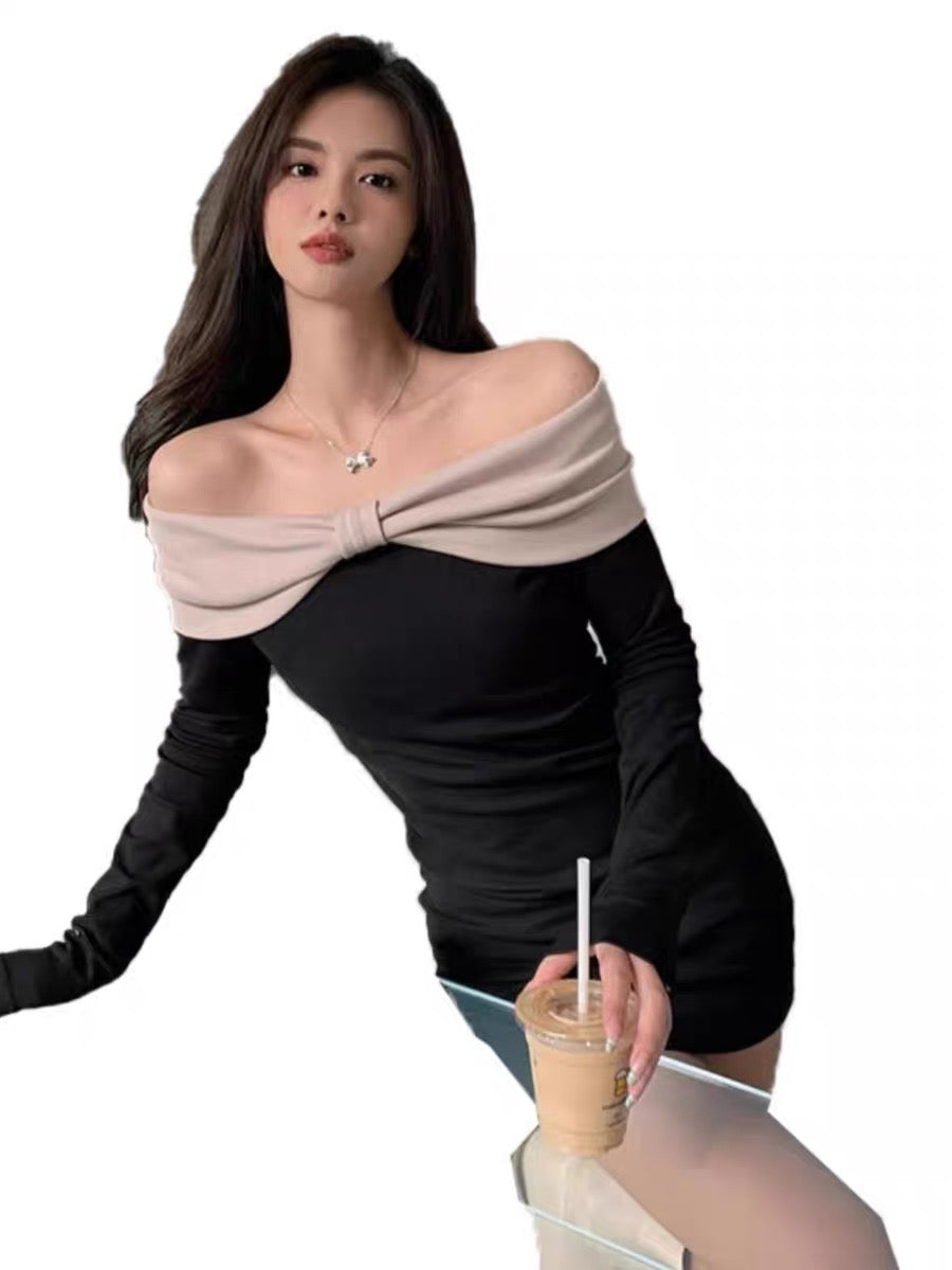 long sleeve shirt under strapless dress Hot and sexy design, contrasting bow strapless dress, sexy slim fit, h –  Lee Nhi Boutique