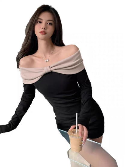 Hot and sexy design, contrasting bow strapless dress, sexy slim fit, hip-hugging, one-shoulder little black dress for autumn A2285