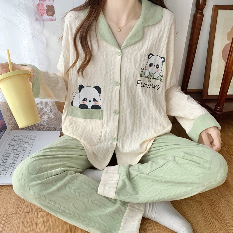 Pajamas women summer cardigan long-sleeved trousers suit summer ladies 2024 new cartoon spring autumn winter home clothes