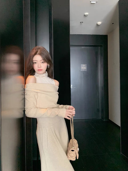 ByYou new autumn and winter gentle style oatmeal-colored wool knitted skirt mid-length figure-shaping high-waisted skirt