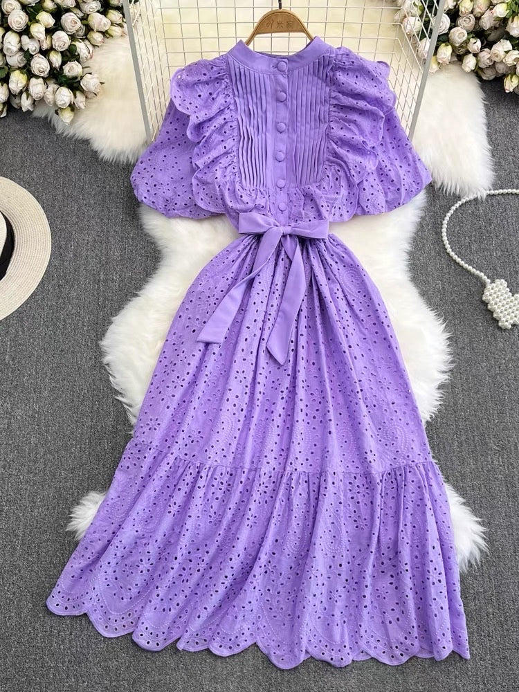Fashion Puff Sleeve Stand Collar Waist Slimming Bowknot Tie Waist Slimming Hollow A-Line Ruffle Dress