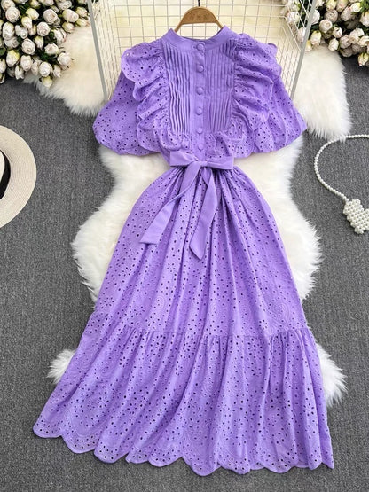 Fashion Puff Sleeve Stand Collar Waist Slimming Bowknot Tie Waist Slimming Hollow A-Line Ruffle Dress