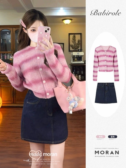 Dopamine Sweet Pink Knitted Cardigan Sweater Jacket Women's Slim Slim Spring and Autumn Denim Skirt Two-Piece Suit