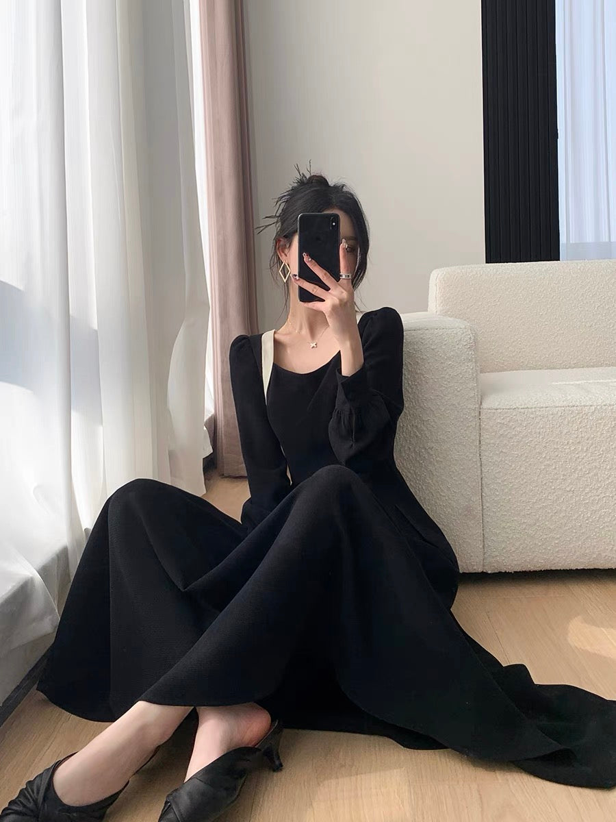 FT GUOGE black dress for women 2023 autumn new style waist slimming temperament Hepburn style square collar little black dress