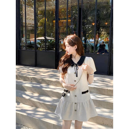 Q Girl's Princess Morning Tea/Qianjinfeng Xiaoxiang Babydoll Dress Summer French Short Skirt for Small Women D801