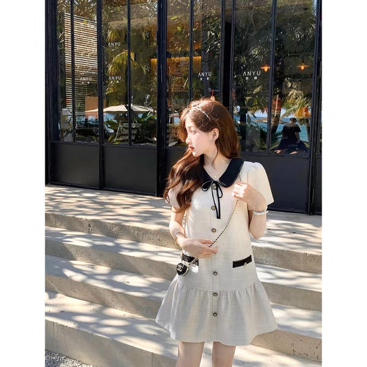 Q Girl's Princess Morning Tea/Qianjinfeng Xiaoxiang Babydoll Dress Summer French Short Skirt for Small Women D801