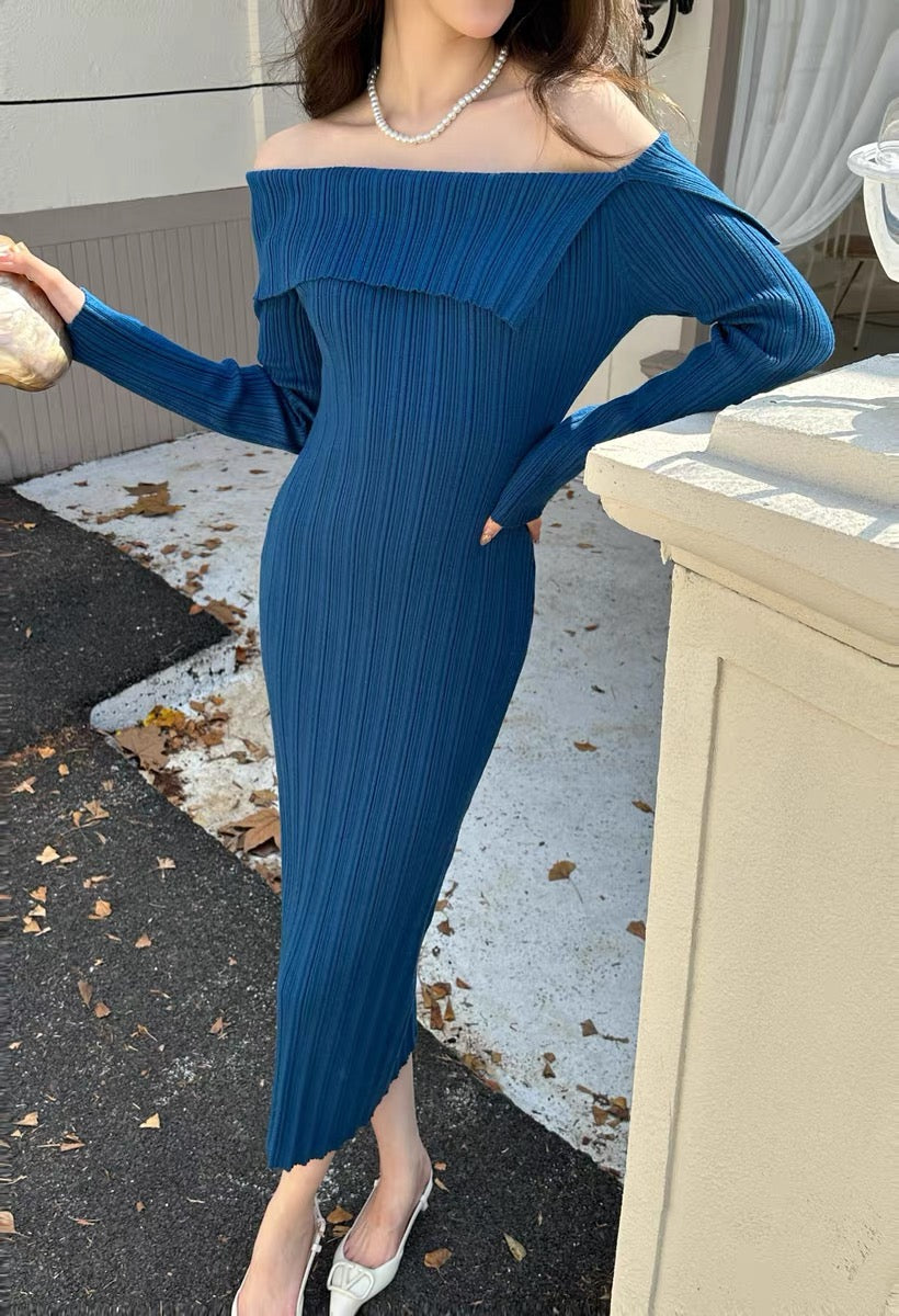 Blue one-line collar off-shoulder long-sleeved knitted dress for women Lee Nhi Boutique Blue one-line collar off-shoulder long-sleeved knitted dress for women Lee Nhi Boutique