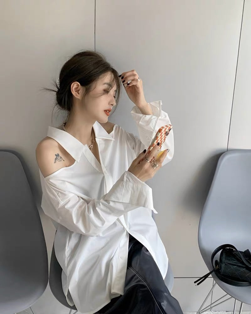 Designed halter neck off-shoulder retro Hong Kong style shirt 2023 new niche thin early autumn long-sleeved chic top for women