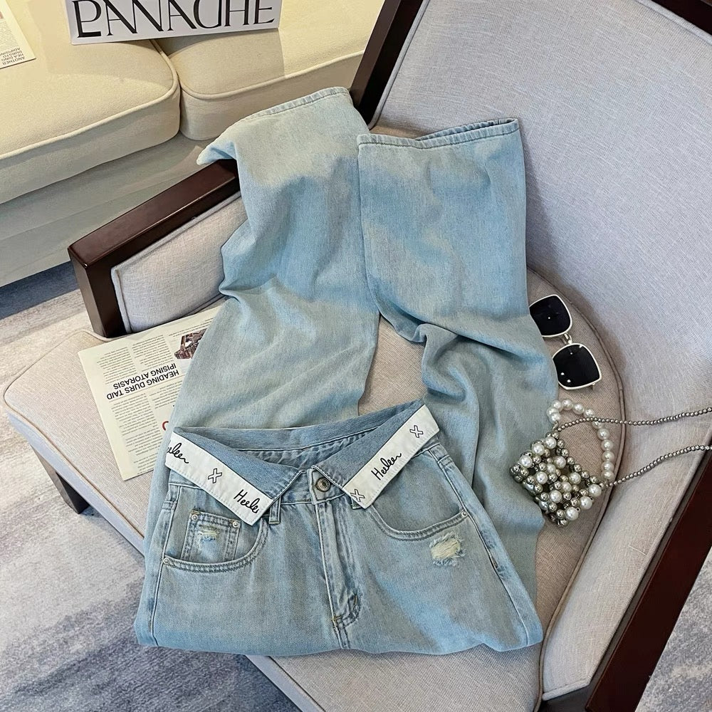 Designed Korean style cuffed jeans for women summer new high-waisted loose straight pants retro ins slim trousers