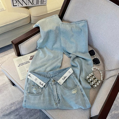 Designed Korean style cuffed jeans for women summer new high-waisted loose straight pants retro ins slim trousers