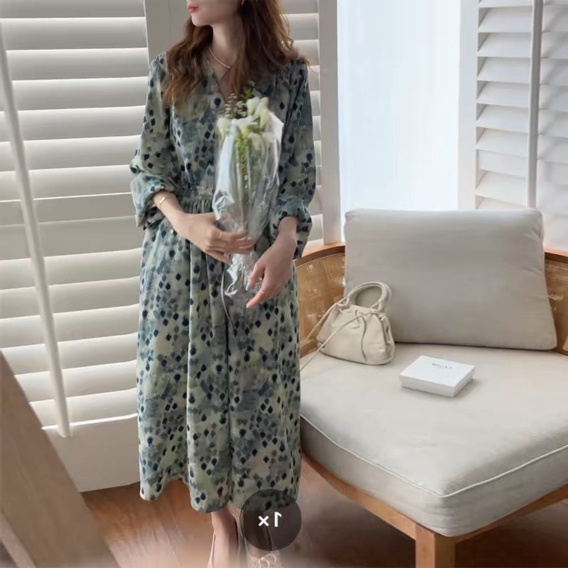 European spring women's 2024 new French style long skirt high-end long-sleeved floral dress spring and autumn D381