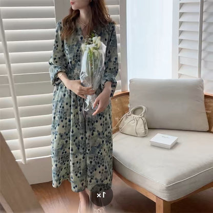 European spring women's 2024 new French style long skirt high-end long-sleeved floral dress spring and autumn D381
