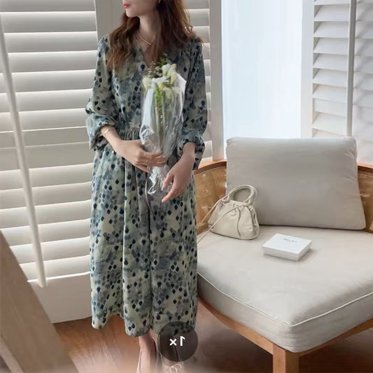 European spring women's 2024 new French style long skirt high-end long-sleeved floral dress spring and autumn D381