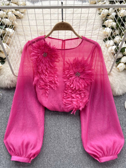 French tops for women 2024 new spring style design three-dimensional flowers slim fit versatile puff sleeve pullover shirt for women