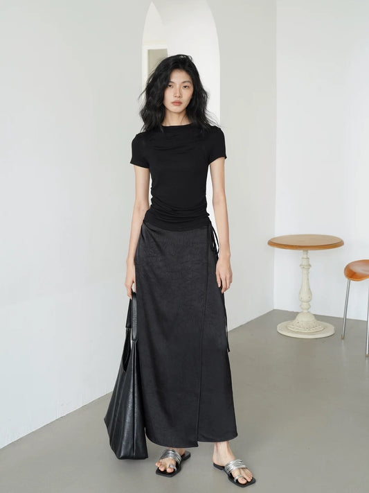 EIGHTHMONTH Black new Chinese style imitation acetate skirt female summer new niche medium and long skirt