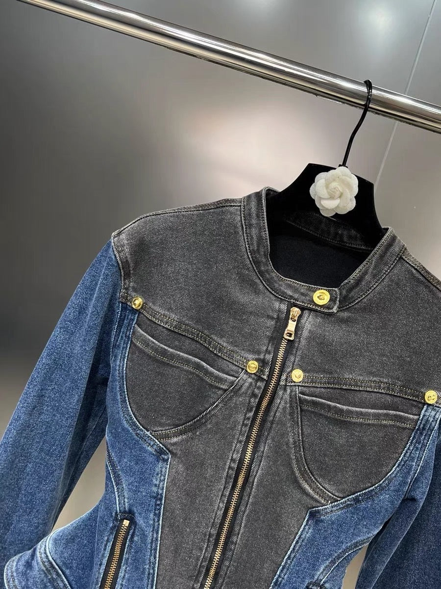 Yuzu MM2023 autumn round neck long-sleeved pocket splicing multi-zipper waist ruffled denim jacket with color contrast
