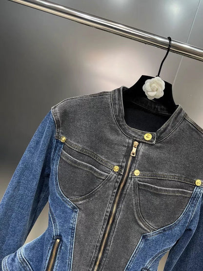 Yuzu MM2023 autumn round neck long-sleeved pocket splicing multi-zipper waist ruffled denim jacket with color contrast