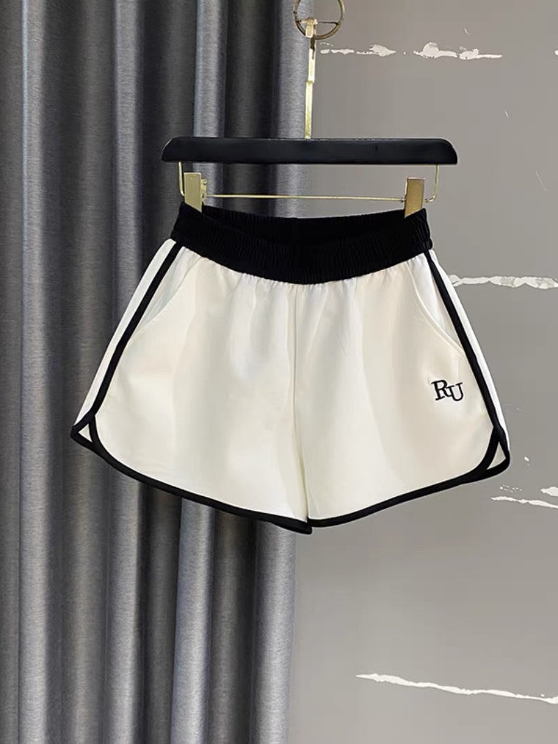 Summer popular sports shorts women 2023 new elastic waist hit color slit loose wide legs super A word hot pants ins
