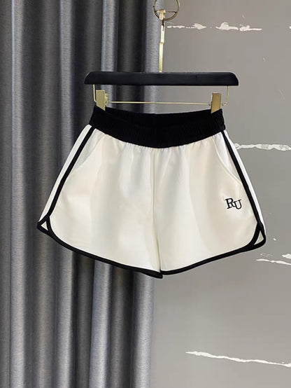 Summer popular sports shorts women 2023 new elastic waist hit color slit loose wide legs super A word hot pants ins