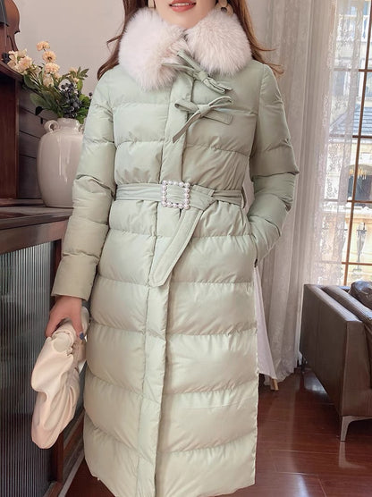 Nori gentle and ladylike winter down-padded jacket for women, retro genuine fox fur collar, lace-up waist coat