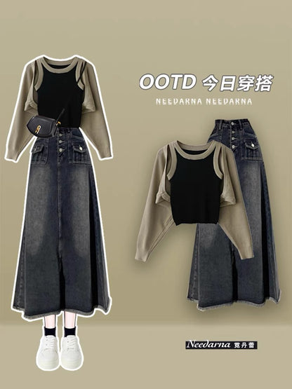 Old money style dress 2023 autumn new style small suspender belt and blouse slimming denim skirt three-piece set