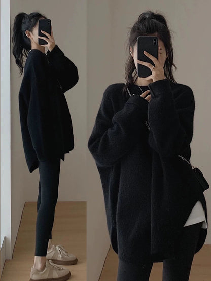 Raccoon velvet pullover sweater for women autumn and winter outer wear mid-length Japanese style lazy retro split knitted sweater winter thickening