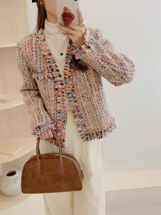 Rainbow color small fragrant style jacket for women 2023 autumn and winter new style French thickened and velvet small high-end heavy woolen