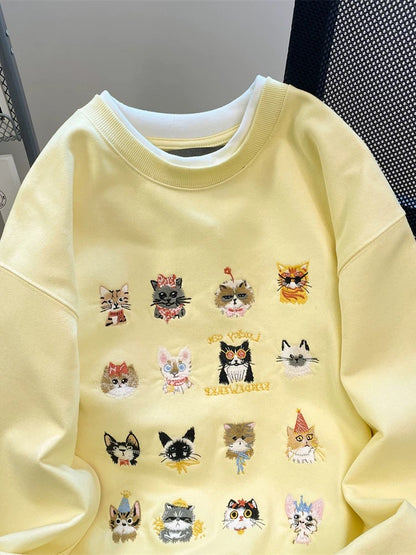 European goods niche heavy embroidery cat fake two-piece sweatshirt men and women spring and autumn stylish unique and exquisite super good-looking tops