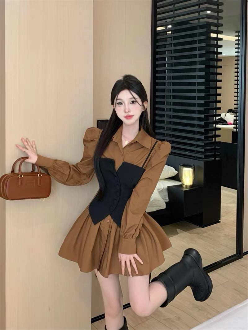 Waist slimming shirt dress autumn long-sleeved suspender splicing fake two-piece skirt women's stunning small skirt advanced A2252