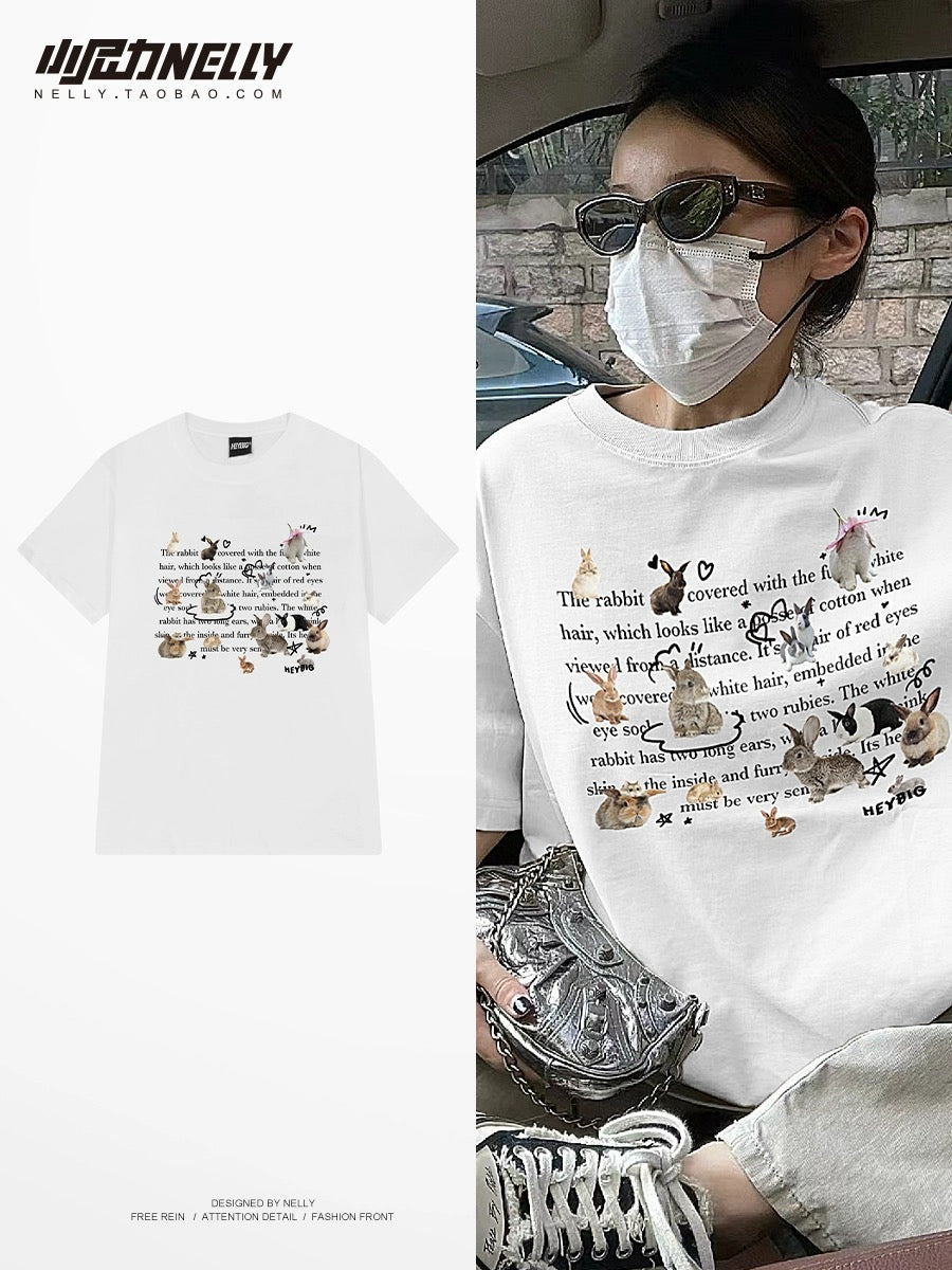 Fashion brand letter rabbit print short-sleeved T-shirt for men and women, same style, pure cotton, loose round neck, half sleeves, popular online versatile top