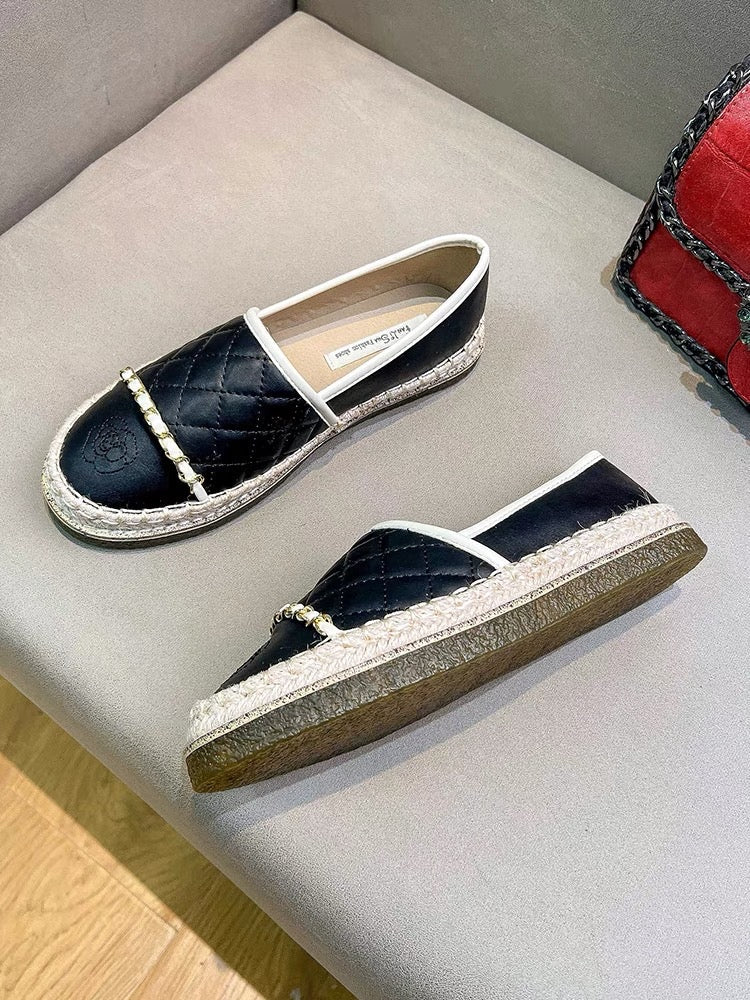 Uncle MJ straw woven round toe fisherman shoes women's new splicing fashion all-match thick bottom comfortable casual loafers